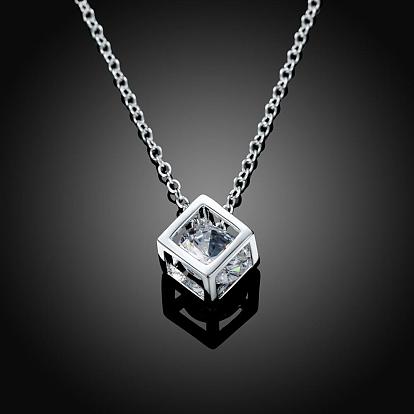 Silver Color Plated Brass Cubic Zirconia Cube Pendant Necklace, with Cable Chains
