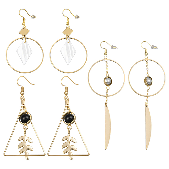 3пары 3стили серьги-подвески в форме ромба из сплава, с железом, золотой свет
