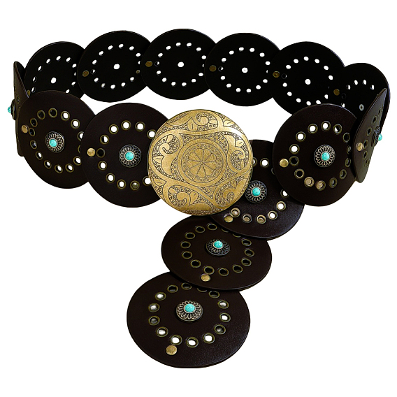 Мужские ремни-монеты из винтажного сплава, синтетической бирюзы и искусственной кожи с дисковыми монетами, кокосового коричневый