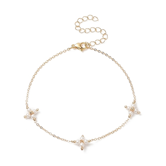 Shell Pearl Beaded Cross Link Anklets, Brass Jewelry for Women