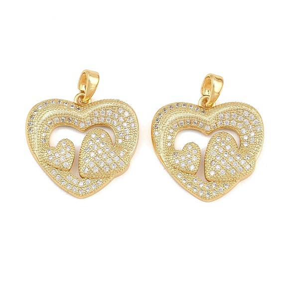 Brass Micro Pave Clear Cubic Zirconia Pendants, Heart Charms
