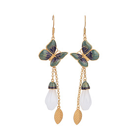 Enamel Butterfly with Leaf Tassel Long Dangle Earrings, Gold Plated Brass Earrings with Sterling Silver Pins for Women
