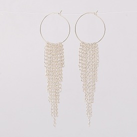 Brass Charm Rings Tassel Dangle Hoop Earrings, with Iron Twisted Chains, 92mm, Pin: 0.7mm