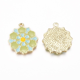 Alloy Enamel Pendants, Baroque Style, Flat Round with Flower, Green