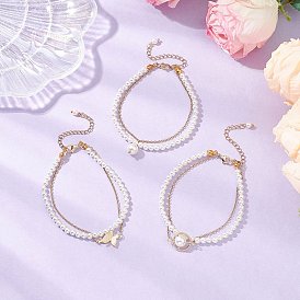 3шт. многорядные браслеты из круглых бусин с ракушками и жемчугом для женщин, с 304 кабельными цепочками из нержавеющей стали