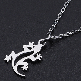 201 Stainless Steel Pendant Necklaces, with Cable Chains and Lobster Claw Clasps, Gecko