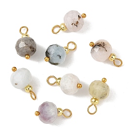 Natural Morganite Pendants, with Brass Loops, Faceted Round Charms, Golden