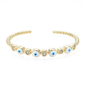 Эмалевый плоский круглый браслет-манжета с дурным глазом и прозрачным кубическим цирконием, настоящие позолоченные украшения из латуни для женщин