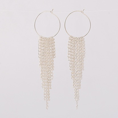 Brass Charm Rings Tassel Dangle Hoop Earrings, with Iron Twisted Chains, 92mm, Pin: 0.7mm