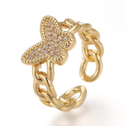 Brass Micro Pave Clear Cubic Zirconia Cuff Rings, Open Rings, Long-Lasting Plated, Butterfly, Curb Chain Shape