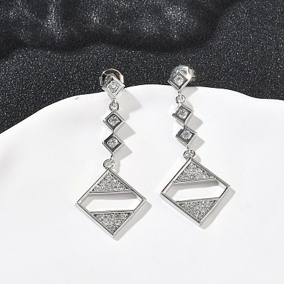 Серьги-гвоздики с ромбами из латуни с микропаве из прозрачных кубических цирконий, долговечный, без кадмия и без свинца