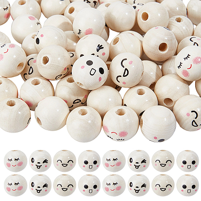 100 pcs 4 styles perles européennes en bois imprimé, expression faciale, grosses perles rondes imprimées, non teint