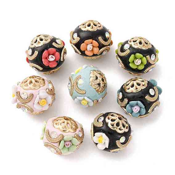 Круглые бусины из смолы ручной работы из Индонезии, со сплавочной фурнитурой со стразами, круглая с цветком