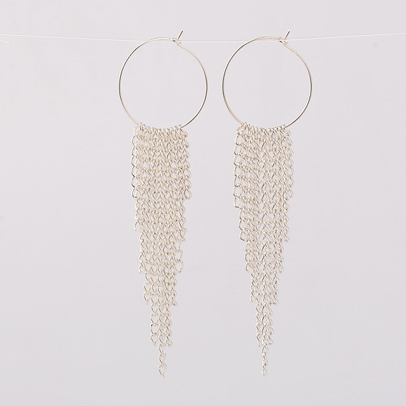 Brass Charm Rings Tassel Dangle Hoop Earrings, with Iron Twisted Chains, 92mm, Pin: 0.7mm