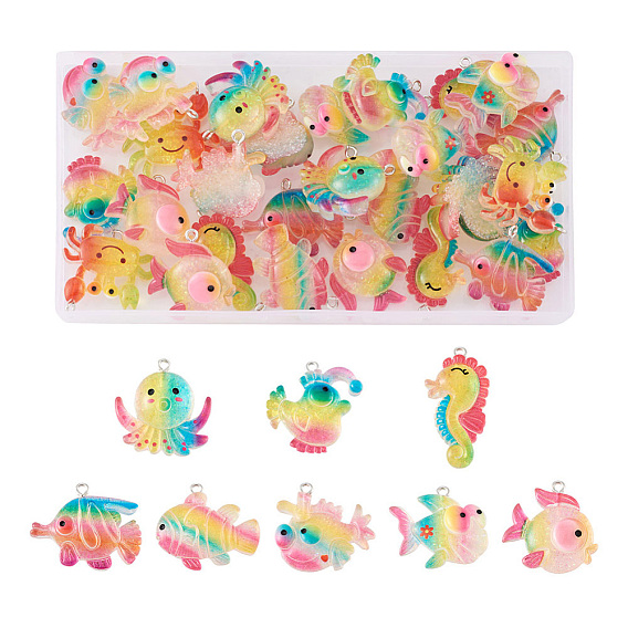 32шт 8 подвески из прозрачной смолы в стиле океана, с блестящей пудрой и железными петлями платинового тона, очарование морских животных, Осьминог/морской конек/рыба/краб