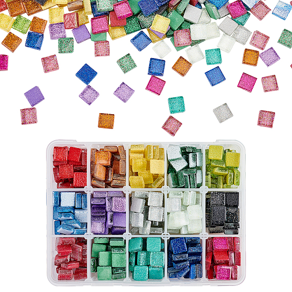 Glitter Glass Cabochons, Mosaic Tiles, for Home Decoration or DIY Crafts, Square