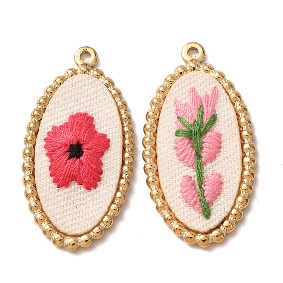 304 Stainless Steel & Cloth Embroidered Pendants, Oval with Flower Charms, Ion Plating(IP), Long-Lasting Plated, Real 18K Gold Plated