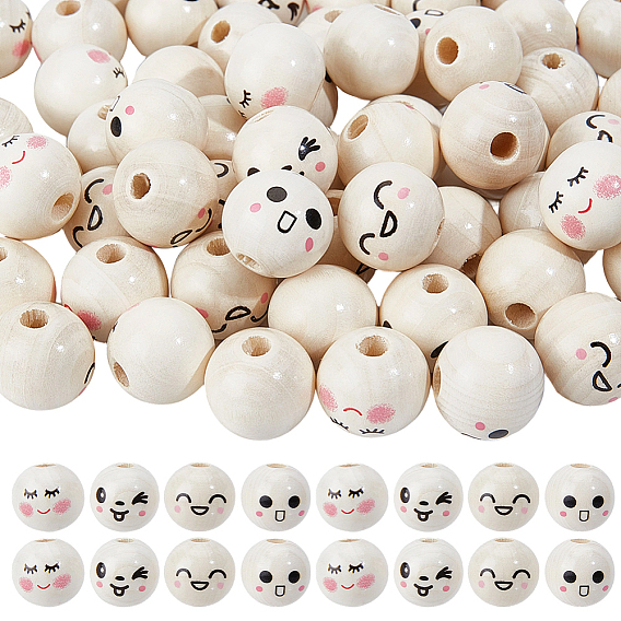 100Pcs 4 Styles Printed Wood European Beads, Facial Expression, Large Holde Print Round Beads, Undyed