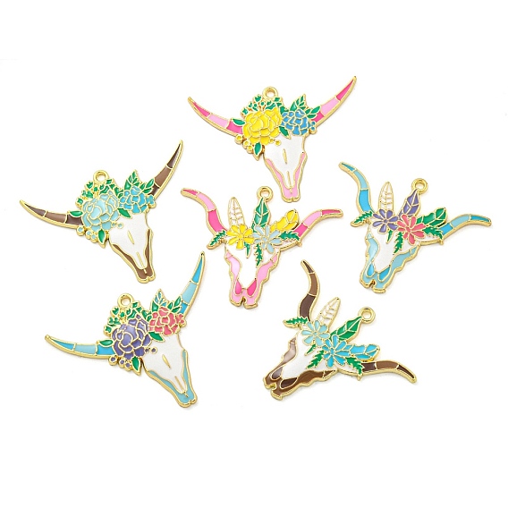 Подвески из эмали и сплава, золотые, голова крупного рогатого скота с цветочной подвеской