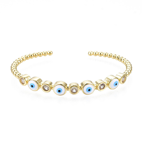 Эмалевый плоский круглый браслет-манжета с дурным глазом и прозрачным кубическим цирконием, настоящие позолоченные украшения из латуни для женщин