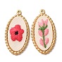 304 Stainless Steel & Cloth Embroidered Pendants, Oval with Flower Charms, Ion Plating(IP), Long-Lasting Plated, Real 18K Gold Plated