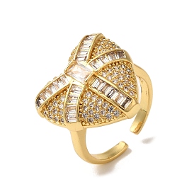 Brass Micro Pave Cubic Zirconia Cuff Rings for Women, Long-Lasting Plated, Cadmium Free & Lead Free, Heart