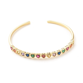 Colorful Cubic Zirconia Heart Open Cuff Bangle, Brass Jewelry for Women, Cadmium Free & Lead Free