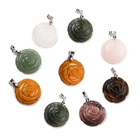 Natural Gemstone Pendants, with Platinum Tone Brass Findings, Flat Round with Rose Pattern