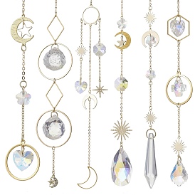 Glass Crystal Balls & Brass Sun Moon Pendant Ornament, Suncatcher Hanging for Window Garden Party Plants Home Decorations