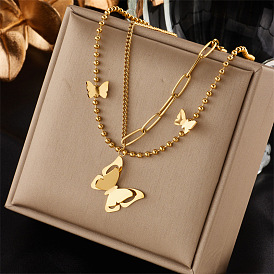 Chic Double-layered Butterfly Pendant Necklace with Cold-tone 3D Design in Titanium Steel Metal