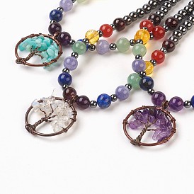 Joyas chakra, Collares colgantes de piedra natural y sintetica., Con hallazgo de metal y cierre de pinza de langosta de latón., plano y redondo con el árbol de la vida