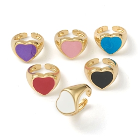 Brass Enamel Cuff Rings, Open Rings, Heart, Golden