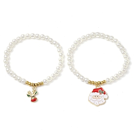 ABS Plastic Imitation Pearl Beads Stretch Bracelets, Christmas Theme Alloy Enamel Charm Bracelets