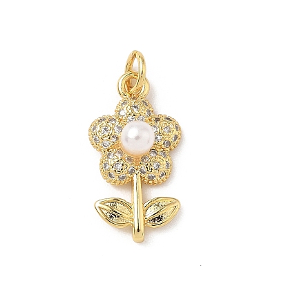 Латунные микро проложить кубического циркония подвески, цветок, с абс пластмассовой имитационной жемчужиной, без кадмия и без свинца, с целью перехода в кольце