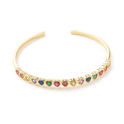 Colorful Cubic Zirconia Heart Open Cuff Bangle, Brass Jewelry for Women, Cadmium Free & Lead Free