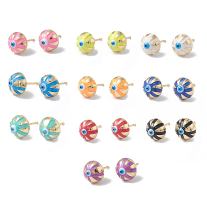 Enamel Half Round with Evil Eye Stud Earrings, Real 18K Gold Plated Brass Jewelry for Women