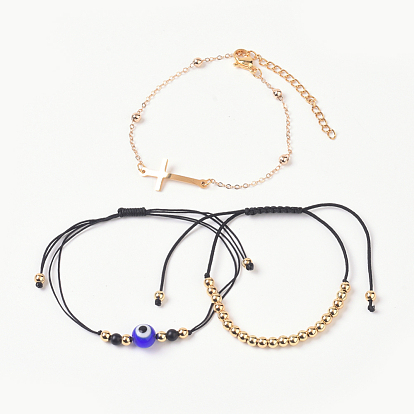 Braided Bracelets & Link Bracelets Sets, with Nylon Thread, Natural Black Agate(Dyed), Evil Eye Lampwork Beads, Brass Cable Chains & Round Beads, 304 Stainless Steel Findings