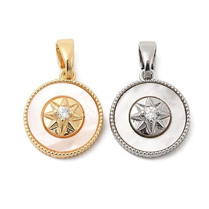Подвески из натуральной ракушки и прозрачного кубического циркония, Плоский круглый латунный профиль с узором в виде звезд.
