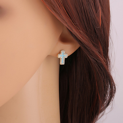Cross-shaped Religious Earrings with Zirconia Stones for Women's Elegant Style