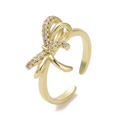 Brass Micro Pave Cubic Zirconia Open Cuff Ring, Bowknot