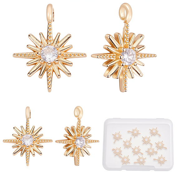 12 piezas de encantos de latón, encantos estrella, sin níquel, real 18 k chapado en oro, con un claro zirconia cúbico