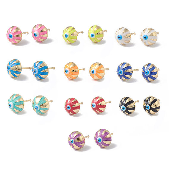 Enamel Half Round with Evil Eye Stud Earrings, Real 18K Gold Plated Brass Jewelry for Women