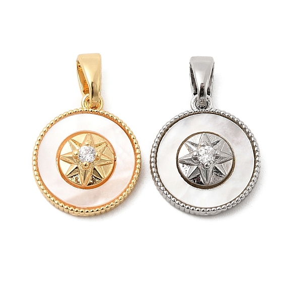 Подвески из натуральной ракушки и прозрачного кубического циркония, Плоский круглый латунный профиль с узором в виде звезд.
