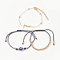 Braided Bracelets & Link Bracelets Sets, with Nylon Thread, Natural Black Agate(Dyed), Evil Eye Lampwork Beads, Brass Cable Chains & Round Beads, 304 Stainless Steel Findings