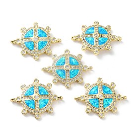 Rack Plating Brass Micro Pave Clear Cubic Zirconia Connector Charms, Flat Round Links with Cyan Synthetic Opal, Cadmium Free & Lead Free, Long-Lasting Plated