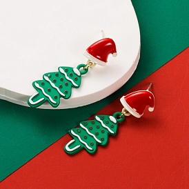 Christmas Tree Alloy Enamel Dangle Stud Earrings for Women, with Sterling Silver Pin