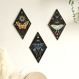Rhombus Rustic Boho Wooden Wall-Mounted Decorations, Sun Moon Moth Wall Sign for Gallery Living Bedroom Room Decor