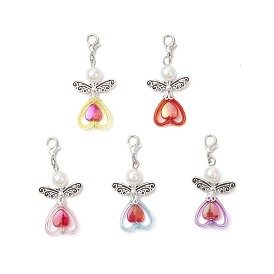 Colgantes decorativos de corazón de ángel de plástico ABS con imitación de perla y acrílico transparente., con fornituras de aleación