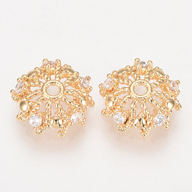 Brass Fancy Bead Caps, with Cubic Zirconia, Nickel Free, Real 18K Gold Plated, Flower