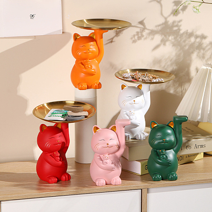 Скульптура кота из смолы с металлическим подносом, Ювелирная конфетница, декоративный поднос для ключей, украшение для дома, офиса, отеля